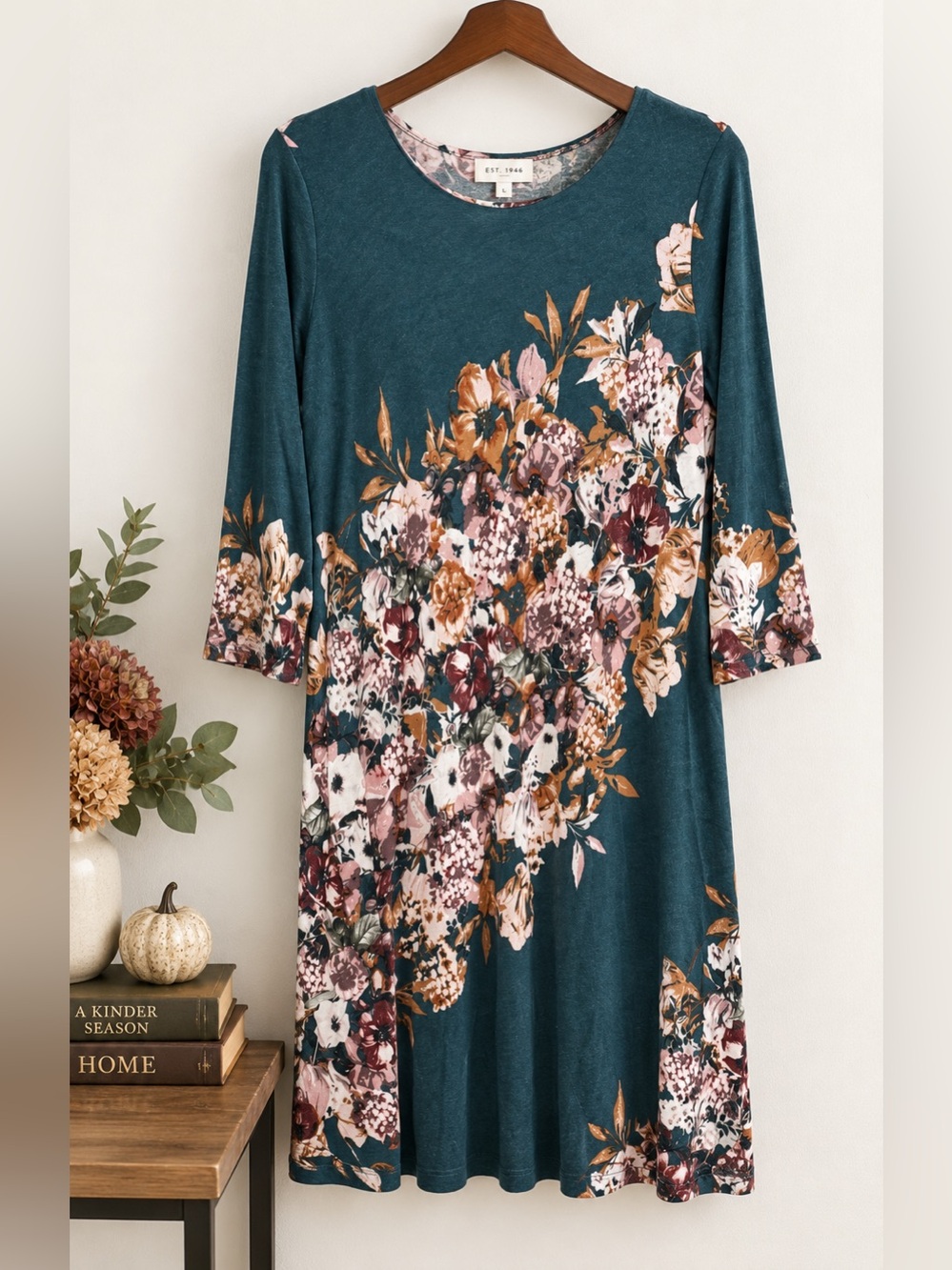 Dark Floral Teal Midi Dress Brushed Butter Soft Stretch Fall L